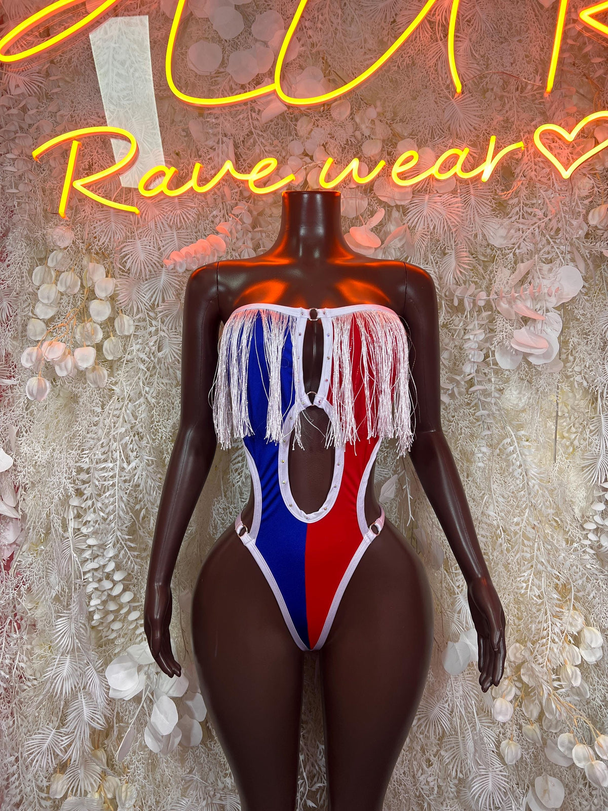 American Flag Labor Day Halter Stars and Stripes Bodysuit – Patriotic Rave Festival Exotic Dancewear