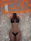 Black lace-up halter crop top with matching thong, front view