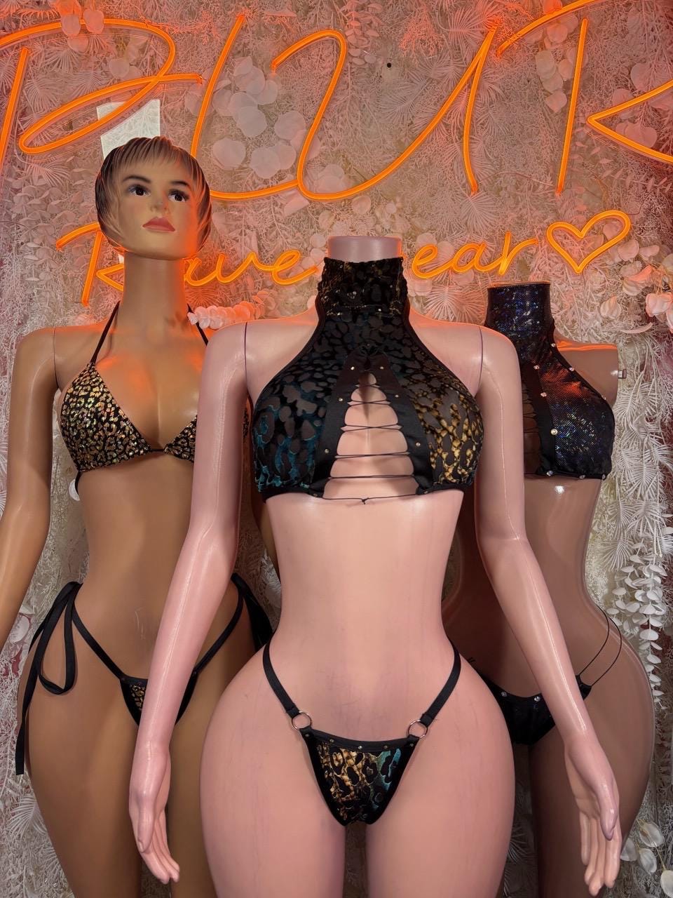 Leopard print triangle halter crop top with matching thong, front view