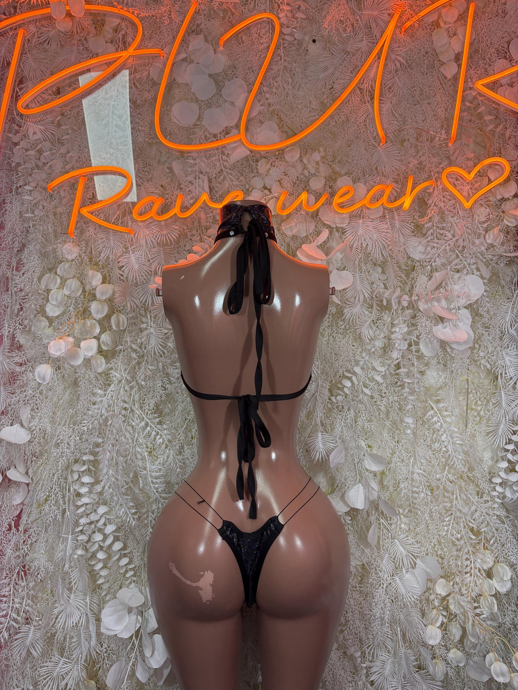 Black lace-up halter crop top with matching thong, back view