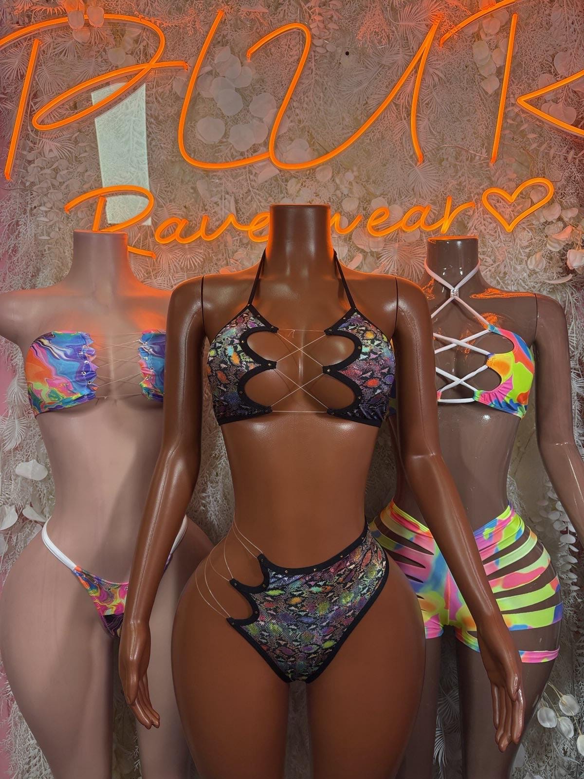 Metallic snake-print halter bikini set with high-cut bottoms, front view on mannequins