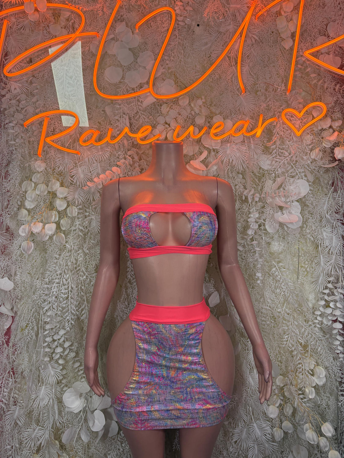 Rainbow holographic crop top and mini skirt two-piece, front cutout