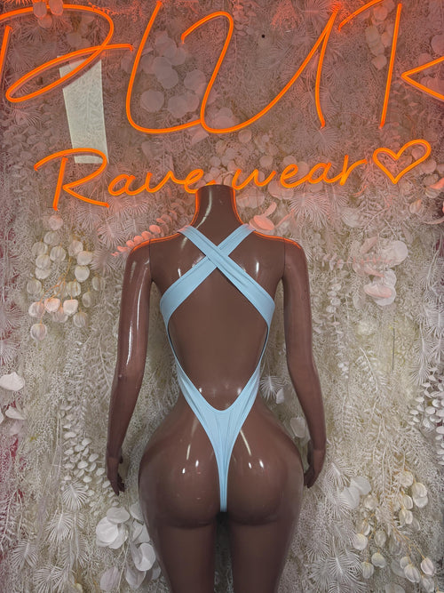 Baby blue high-cut thong bodysuit with crisscross open-back straps