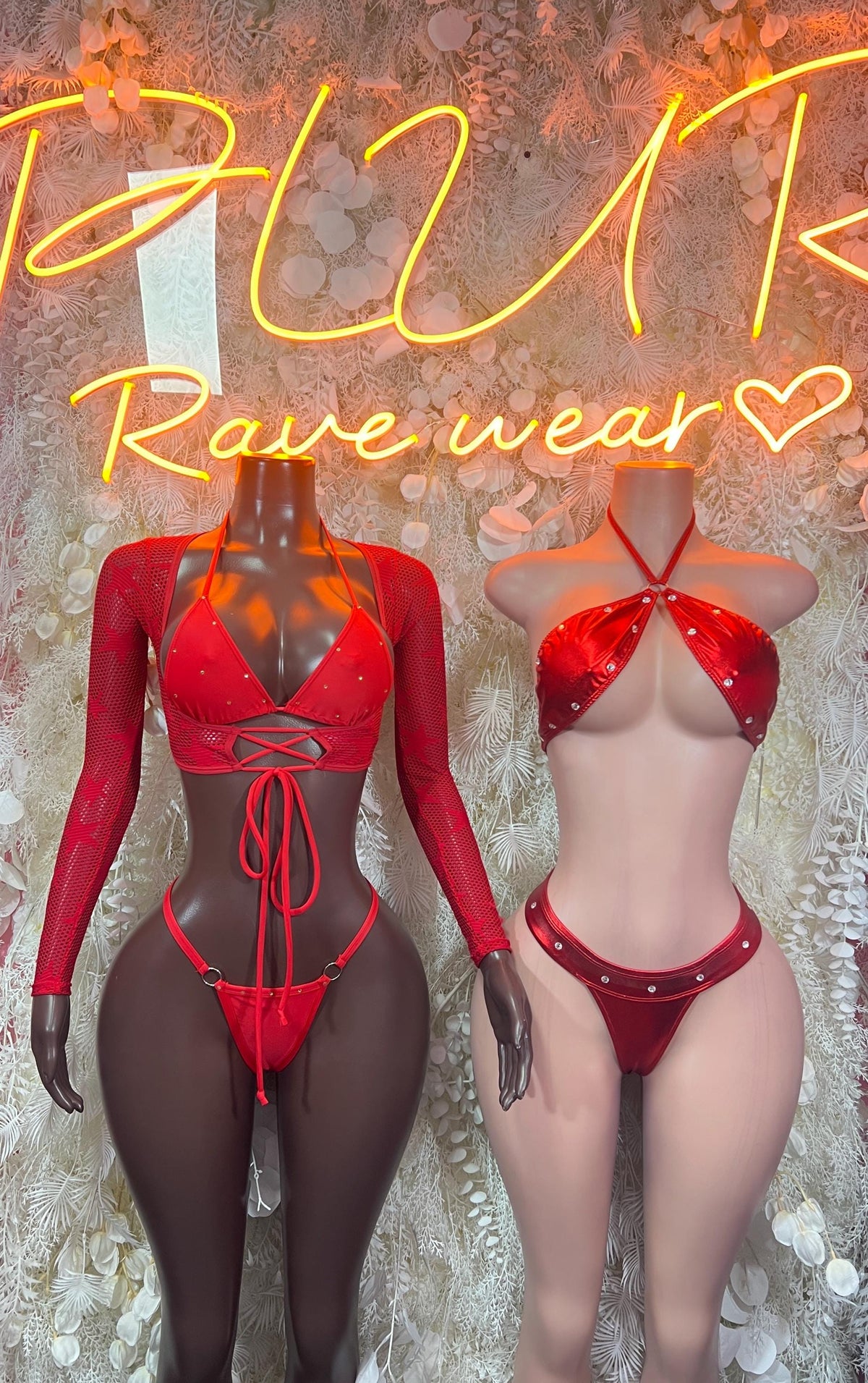 Red rhinestone fishnet bikini sets with lace-up triangle tops and thong bottoms