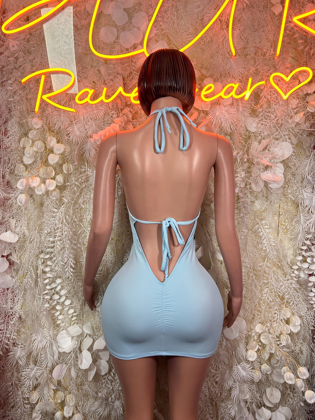 Baby Blue Black Lace Halter Neck Mini Dress Open Back Bodysuit Rave Festival Clubwear - image 2