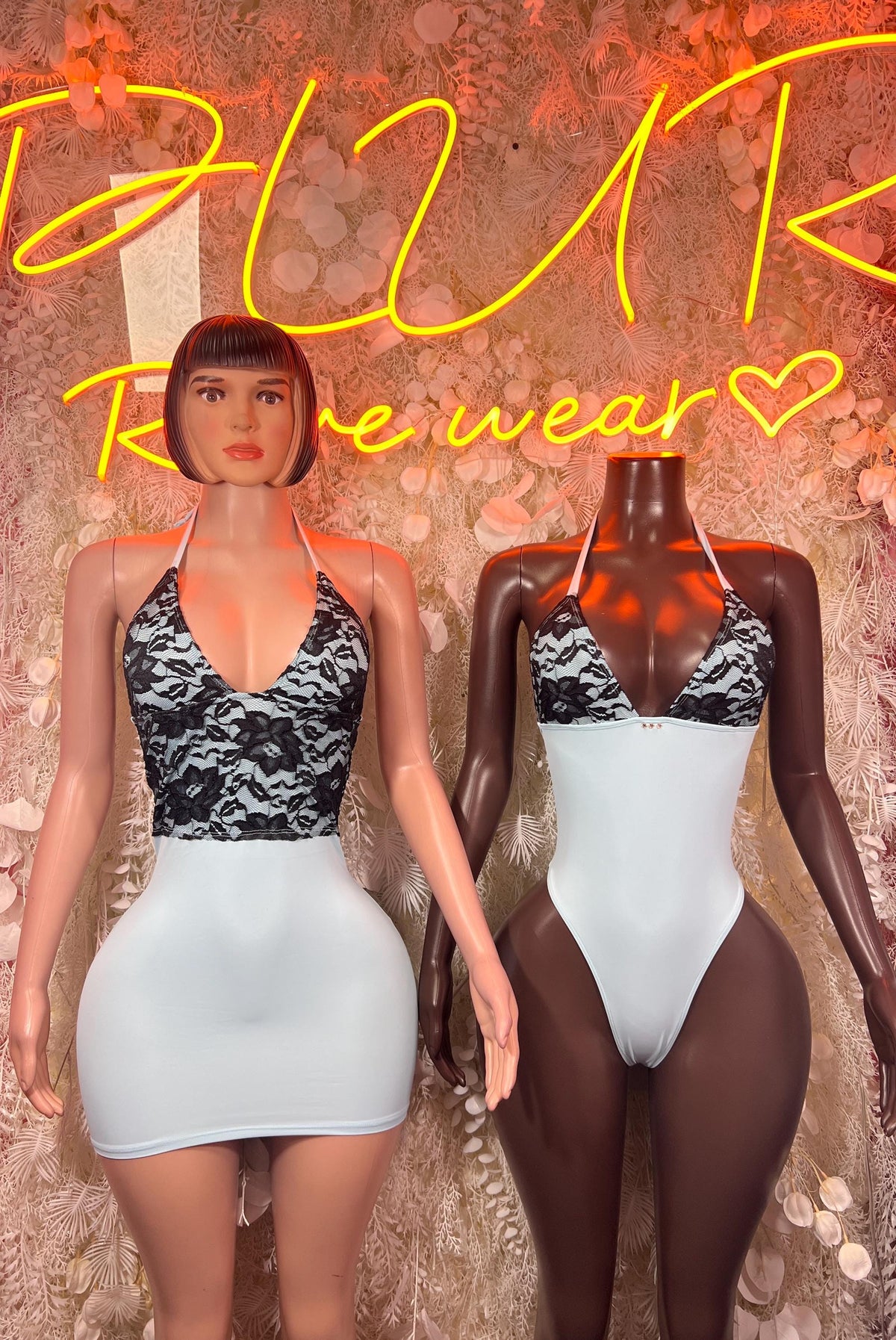 Baby Blue Black Lace Halter Neck Mini Dress Open Back Bodysuit Rave Festival Clubwear - image 3