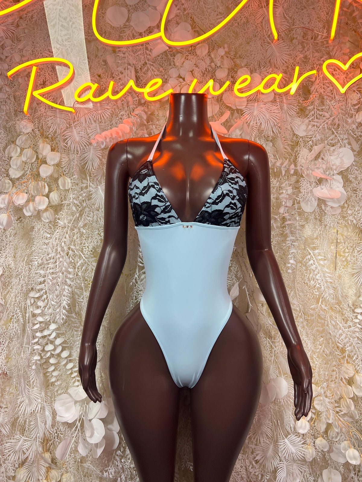 Baby Blue Black Lace Halter Neck Mini Dress Open Back Bodysuit Rave Festival Clubwear