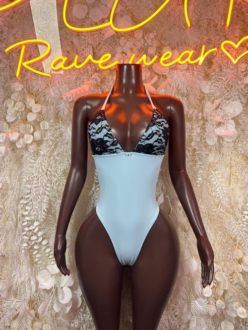 Baby Blue Black Lace Halter Neck Mini Dress Open Back Bodysuit Rave Festival Clubwear