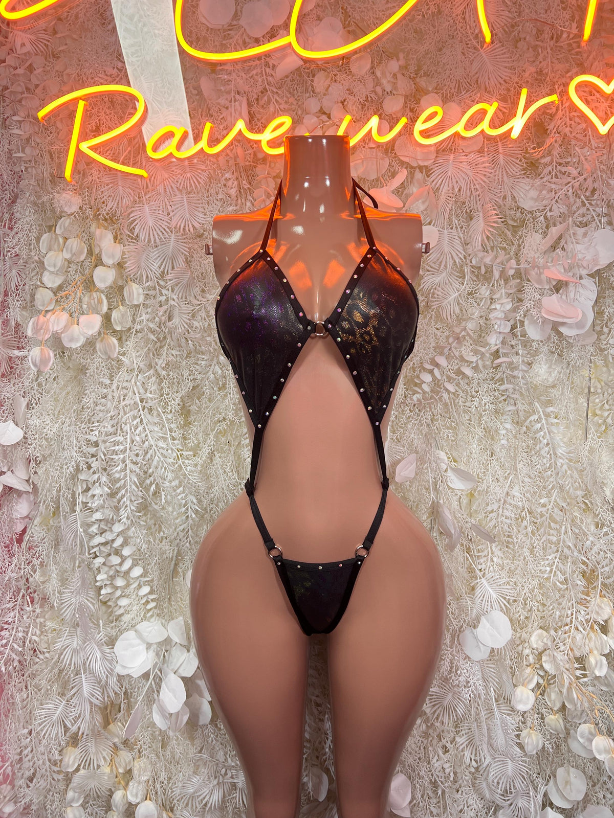 Black Leopard Print Studded Slingshot One Piece Rave Festival Clubwear Exotic Clothing