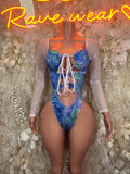 Blue tie-dye long-sleeve bodysuit with front lace-up and high-cut leg openings