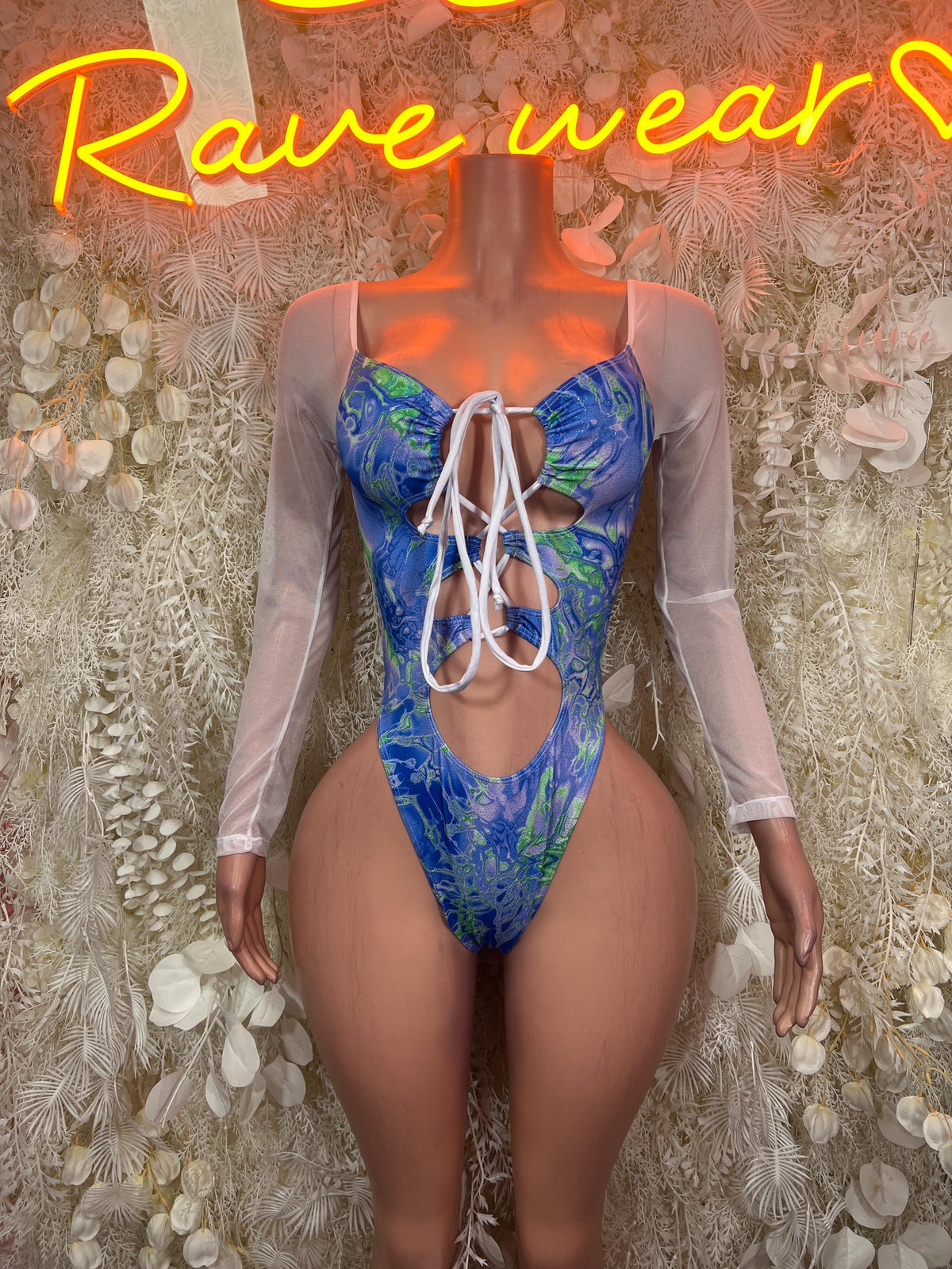 Blue tie-dye long-sleeve bodysuit with front lace-up and high-cut leg openings