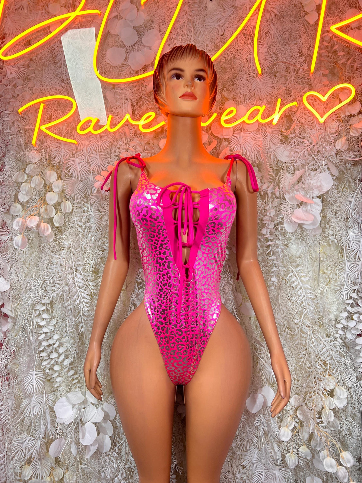Hot pink cheetah-print metallic thong bodysuit with tie shoulder straps