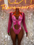 Hot pink metallic cheetah-print bodysuit with V neckline and front lace-up cutout