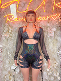 Black Leopard Print Bottlegirl Mesh Sleeve Cutout Romper Rave Festival Outfit Exotic Dancewear Bodysuit