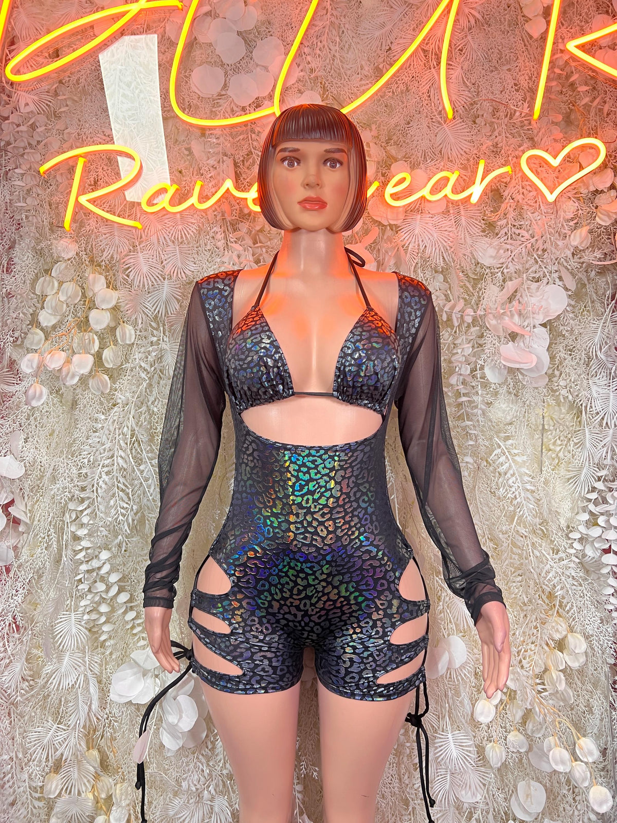 Black Leopard Print Bottlegirl Mesh Sleeve Cutout Romper Rave Festival Outfit Exotic Dancewear Bodysuit