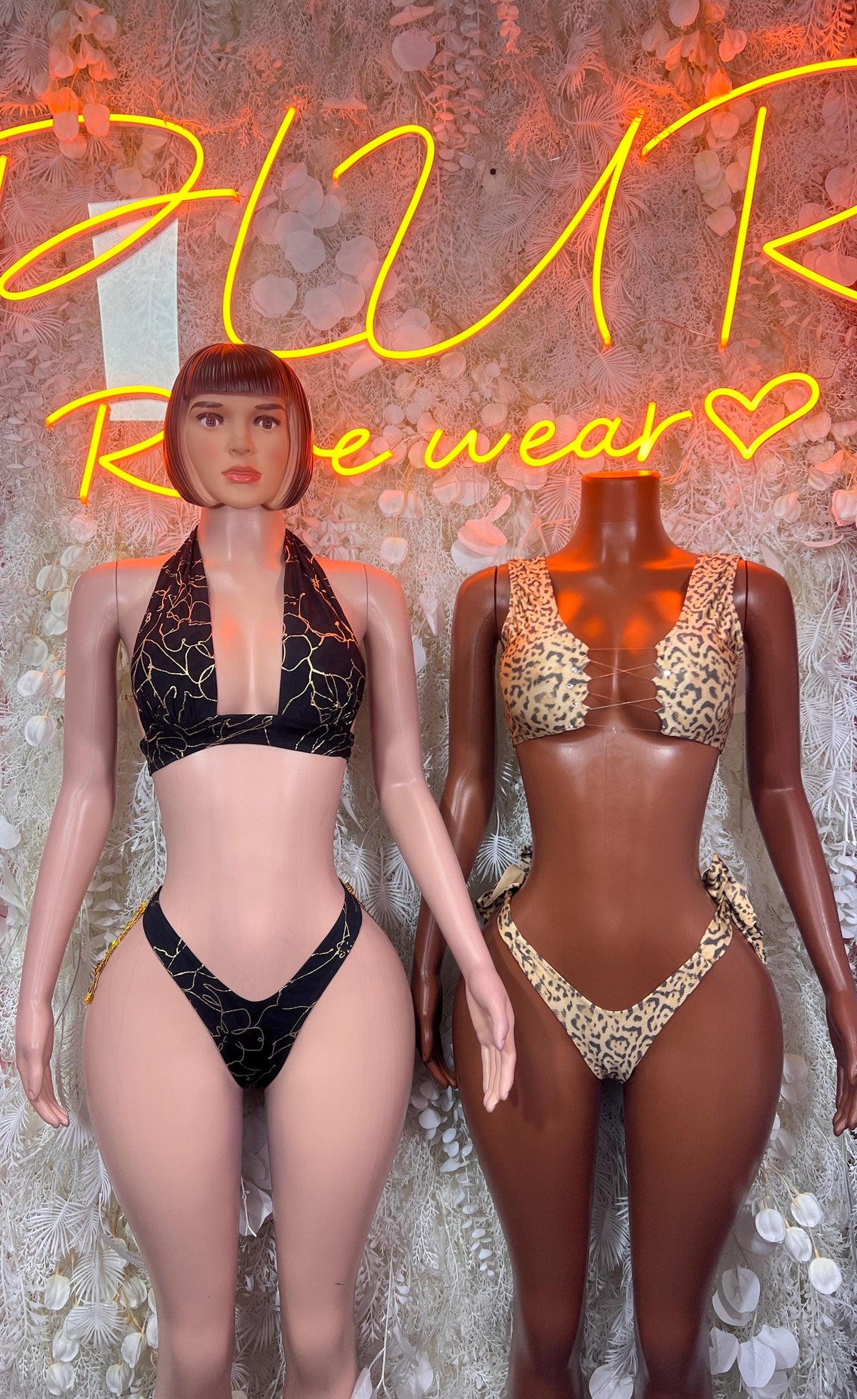 Black and gold fringe thong bikini set, two-piece halter top and V-front bottoms