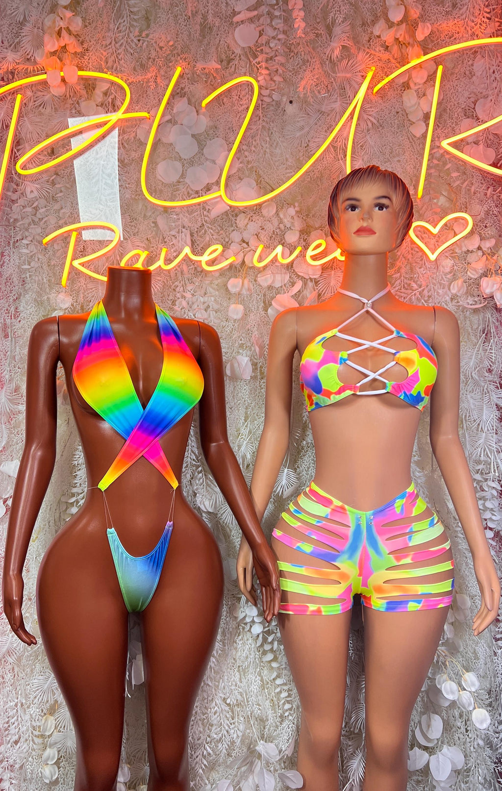 Rainbow neon bikini set, crisscross bandeau top and striped hologram shorts, two angles