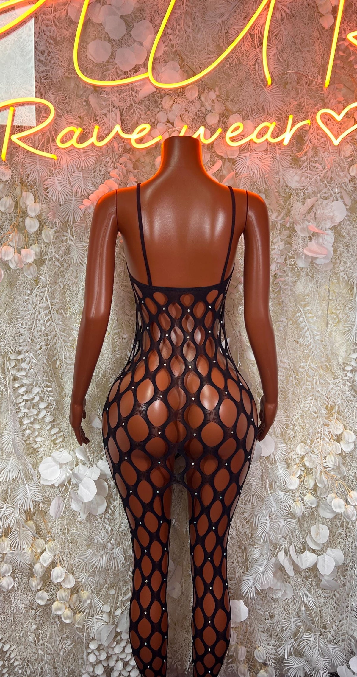 Black Rhinestone Fishnet Bodysuit, Sheer Mesh One Piece, Sparkly Rave Festival Outfit Clubwear - image 2