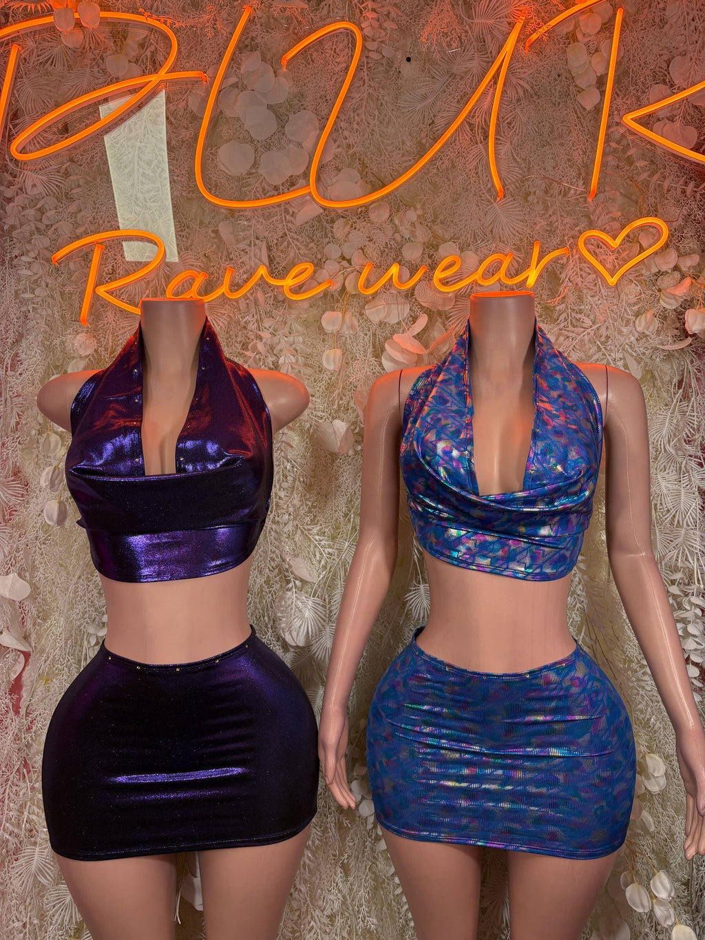 Metallic halter crop top and mini skirt sets, blue and dark ruched