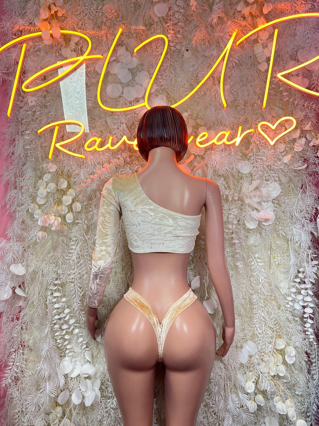 Champagne Gold Crushed Velvet One Shoulder Lace-Up Crop Top High Cut Bottom Rave Set - image 2