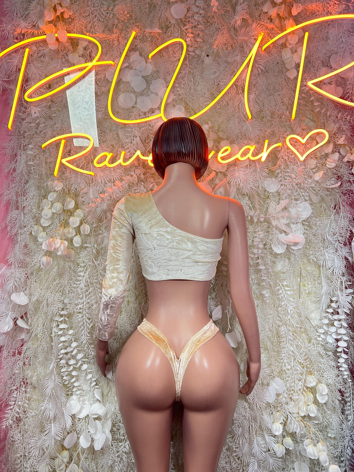 Champagne Gold Crushed Velvet One Shoulder Lace-Up Crop Top High Cut Bottom Rave Set - image 2
