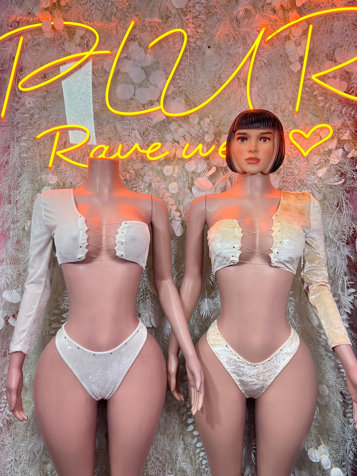 Champagne Gold Crushed Velvet One Shoulder Lace-Up Crop Top High Cut Bottom Rave Set - image 3
