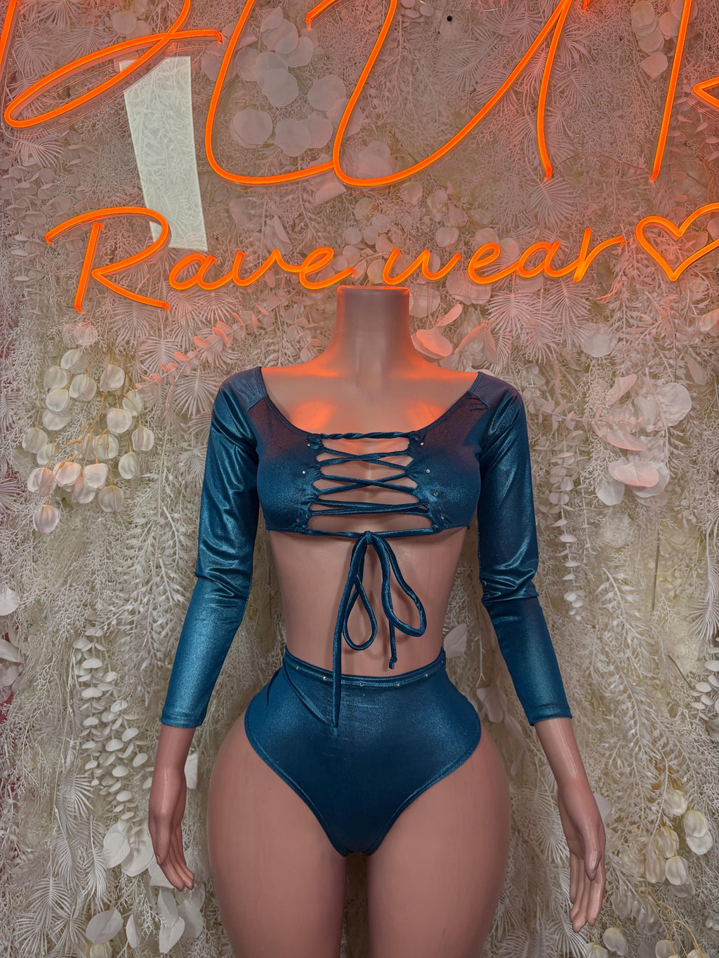 Teal metallic long-sleeve lace-up crop top and high-cut thong set