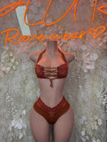 Lace halter crop top and thong set with rhinestone accents, front view
