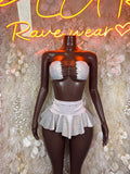 White Holographic Lace Up Bandeau Top Ruffle Micro Skirt Set Rhinestone Rave Dancewear