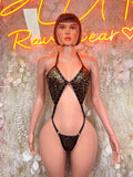 Black Gold Leopard Print Rhinestone Slingshot Bodysuit – Rave Festival Monokini One Piece Outfit
