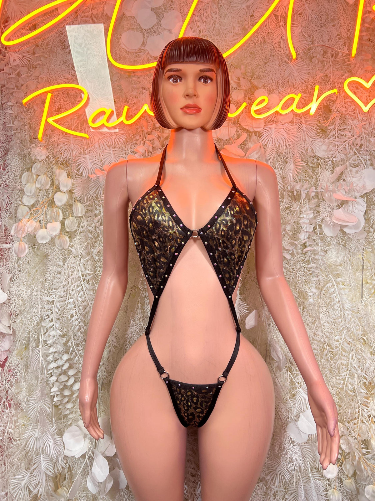 Black Gold Leopard Print Rhinestone Slingshot Bodysuit – Rave Festival Monokini One Piece Outfit