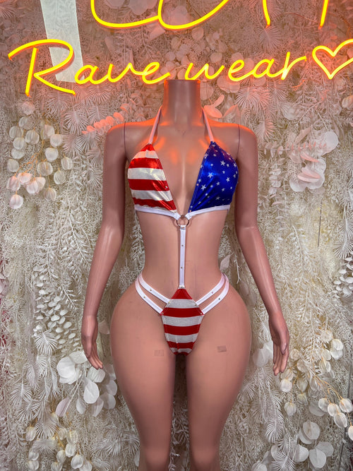 American Flag Labor Day Halter Monokini Bodysuit – Patriotic Rave Festival Exotic Dancewear