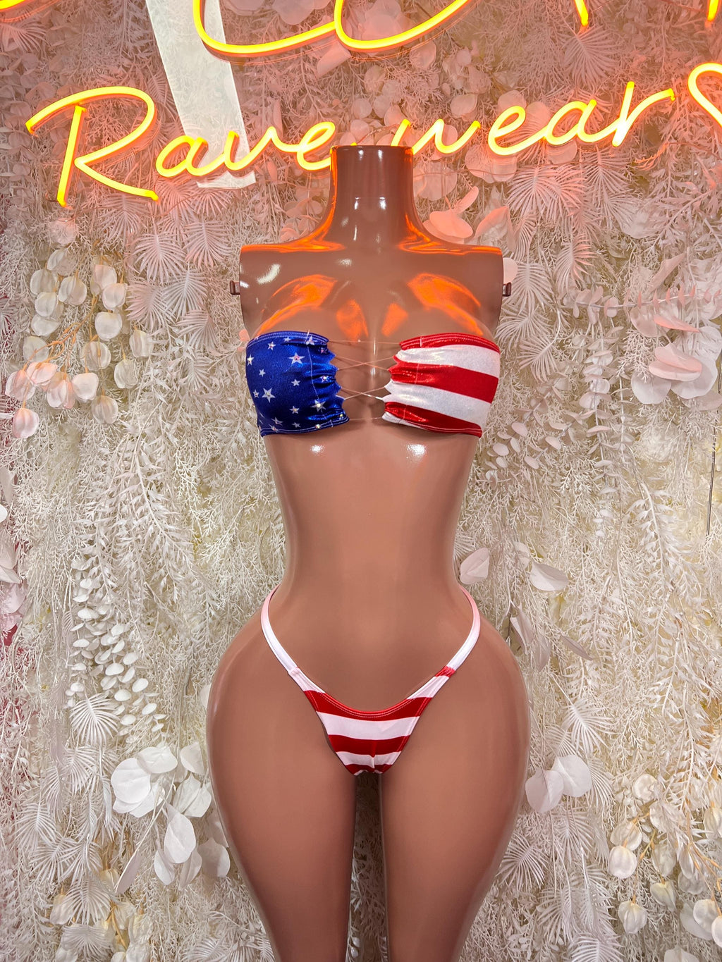 American Flag Labor Day Bikini Striped Thong Set Patriotic Rave Festival Outfit