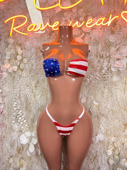 American Flag Labor Day Bikini Striped Thong Set Patriotic Rave Festival Outfit