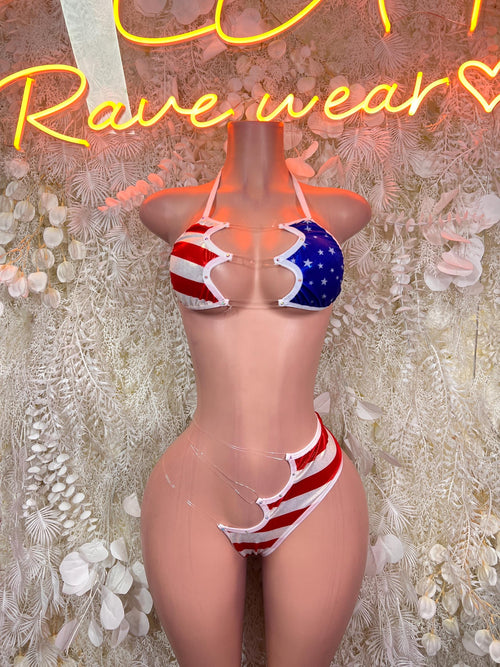 American Flag Labor Day Bikini Two Piece Set Patriotic Rave Festival Outfit