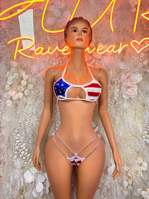 American Flag Bikini Two Piece Set: Stars Stripes Patriotic Rave Outfit