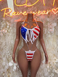 American Flag Labor Day Halter Stars and Stripes Bodysuit – Patriotic Rave Festival Exotic Dancewear