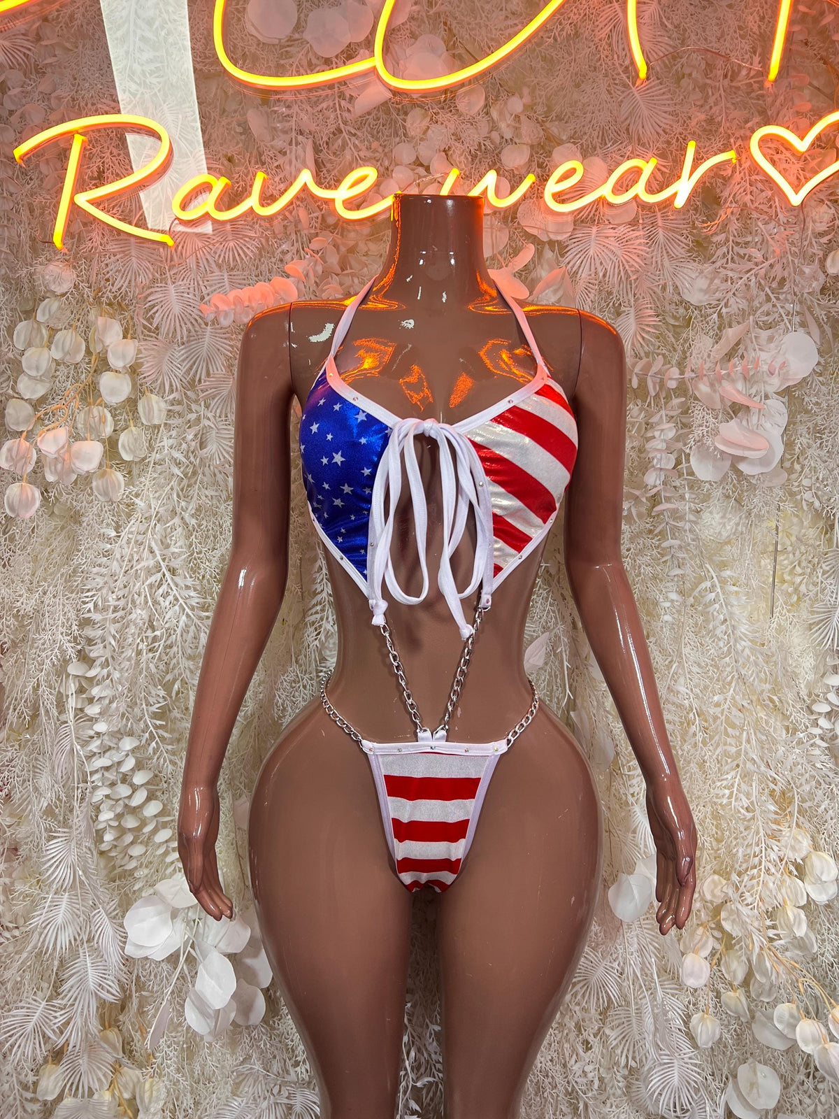American Flag Labor Day Halter Stars and Stripes Bodysuit – Patriotic Rave Festival Exotic Dancewear