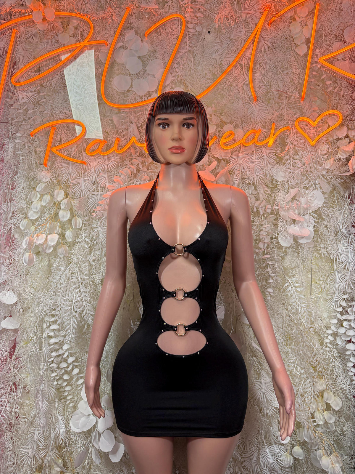 Black Halter O Ring Cutout Mini Dress Bodycon Rave Festival Outfit Exotic Dancewear Clubwear One Piece