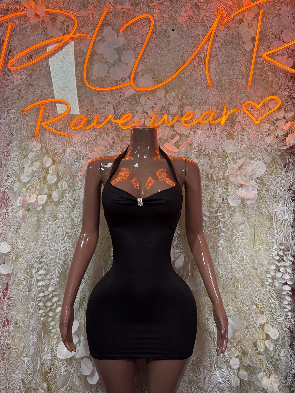 Black Halter Rhinestone Buckle Mini Dress Bodycon Rave Festival Outfit Exotic Dancewear Clubwear