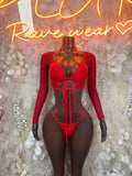 Red fishnet mesh rave bikini set with rhinestone triangle top, lace-up back, thong