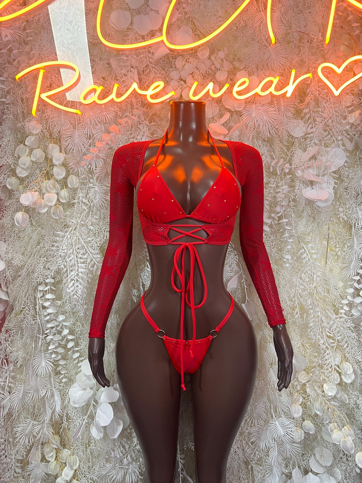 Red fishnet mesh rave bikini set with rhinestone triangle top, lace-up back, thong