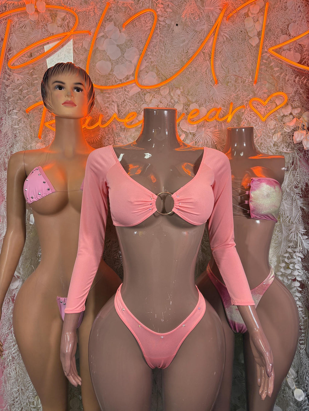 Pink Rhinestone Micro Bikini Set – Clear Strap Triangle Thong Rave Festival Exotic Dancewear - image 3