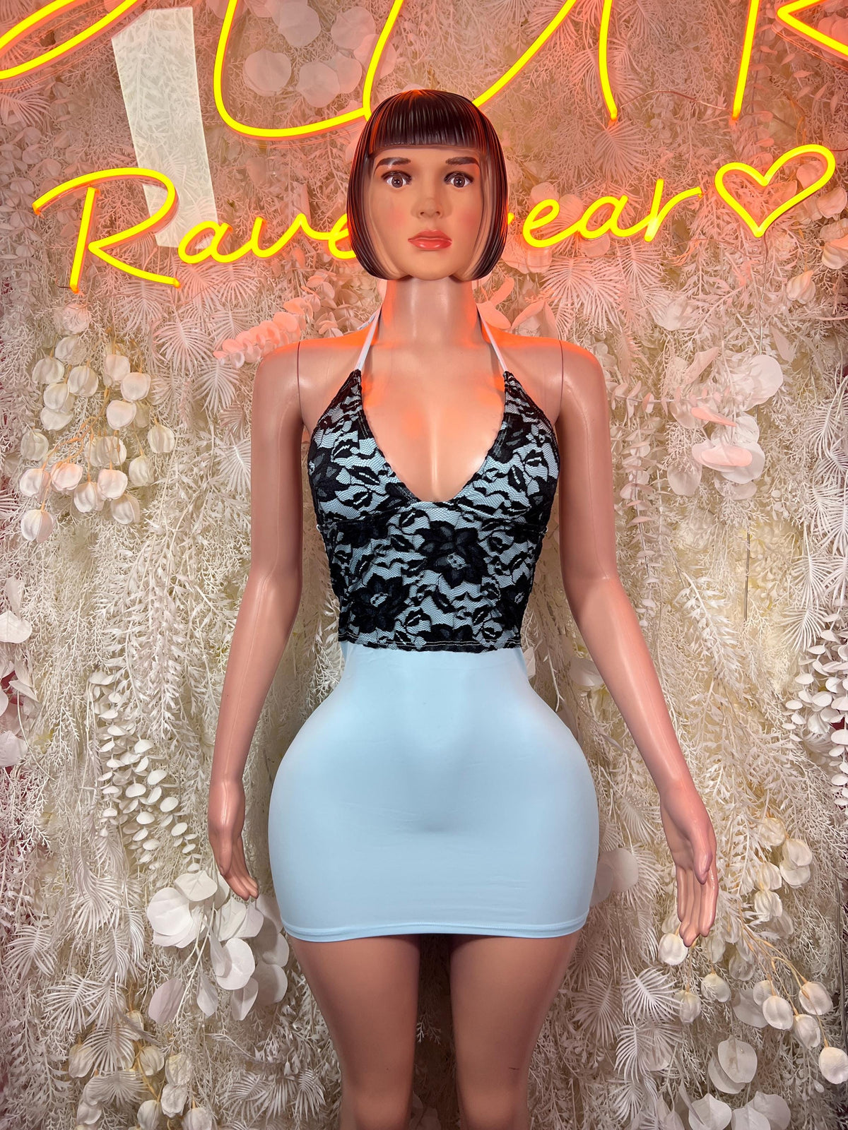 Baby Blue Black Lace Halter Neck Mini Dress Open Back Bodysuit Rave Festival Clubwear