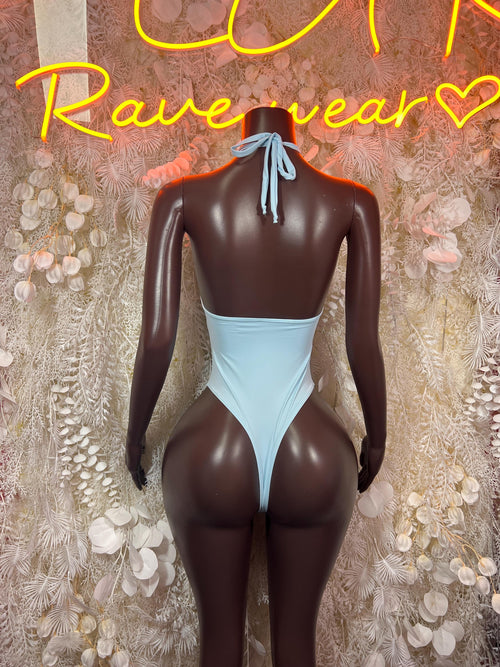 Baby Blue Black Lace Halter Neck Mini Dress Open Back Bodysuit Rave Festival Clubwear - image 2