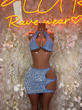 Blue leopard-print two-piece skirt set with halter top and mini skirt cutouts