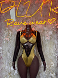 Bottlegirl Waitress Bodysuit Gold Metallic  One Piece Rave Festival Outfit Sexy Clubwear Exotic Dancewear