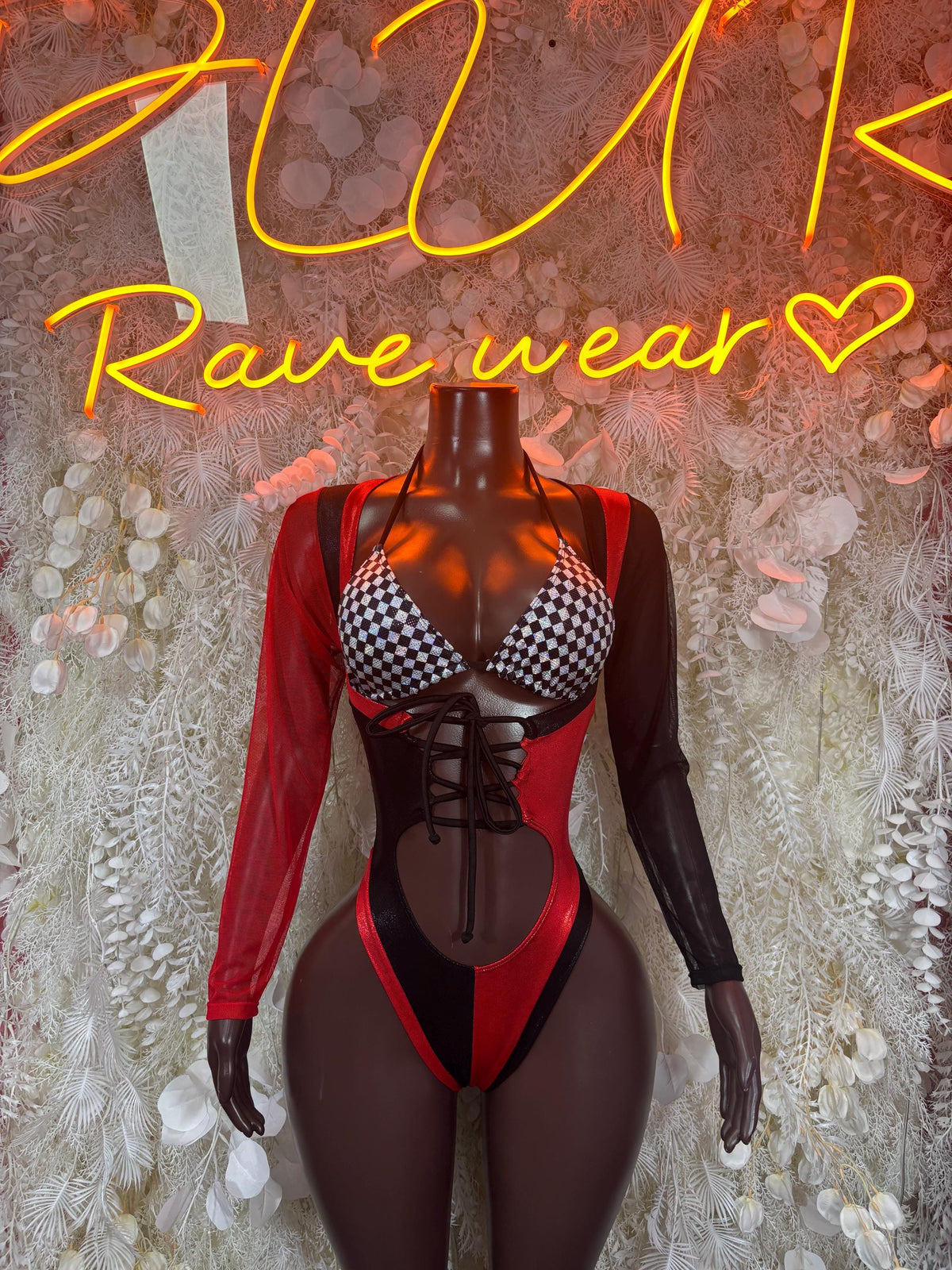 Halloween Bottlegirl Costumes Red Black Metallic Checkered Bodysuit Rave Festival Outfit Sexy Clubwear