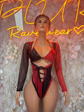 Halloween Bottlegirl Costumes Red Black Metallic Checkered Bodysuit Rave Festival Outfit Sexy Clubwear