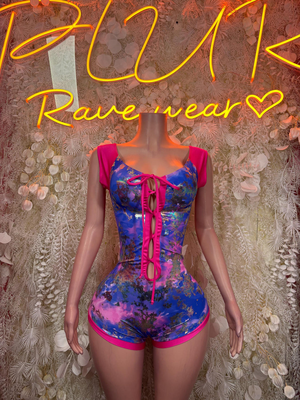 Holographic Tie Dye Romper Bodysuit: Lace-Up Front, Rave Outfit